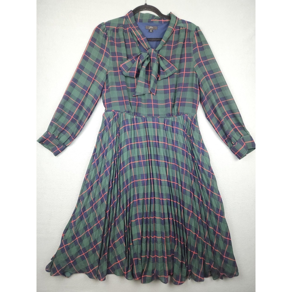 J.Crew Dress Womens 8P Green Plaid Bow Neck Long Sleeve Pleated Fit Flare Midi